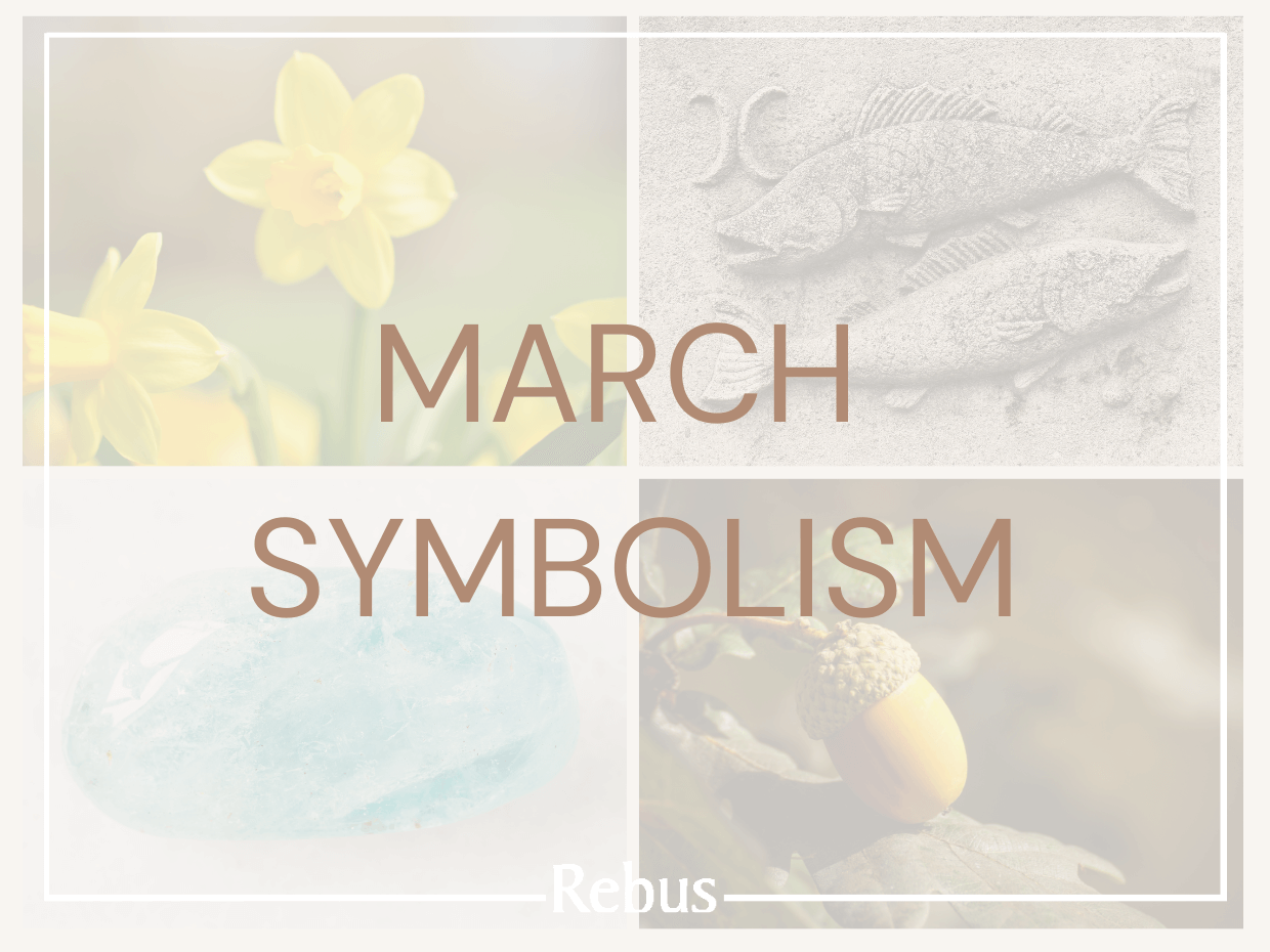 Four images of symbols of March, including daffodil flower, the fish of the Pisces zodiac, an aquamarine gemstone, and an acorn from the oak tree
