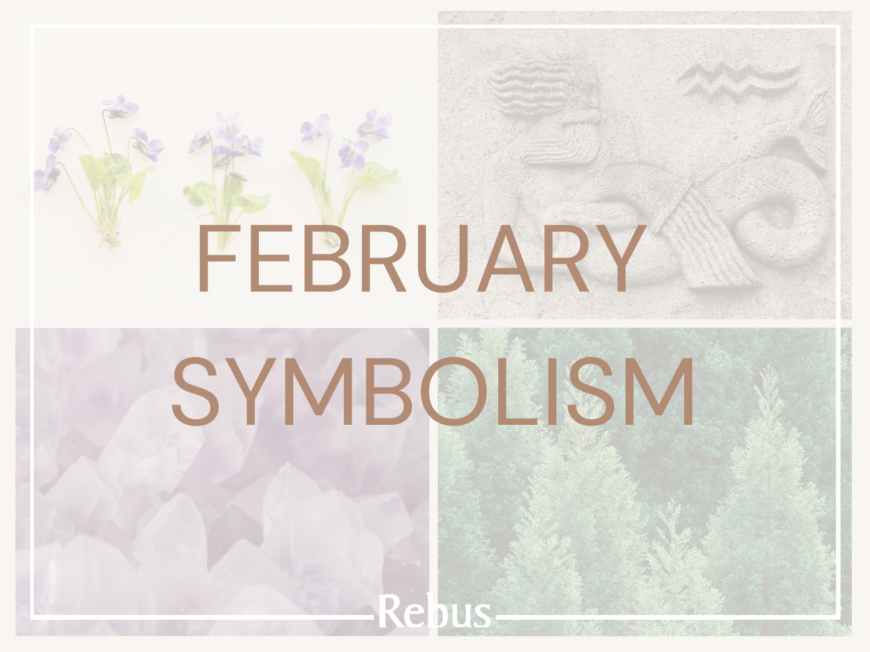 Collage of symbols of love, including Claddagh ring, rose, bamboo, swan, primrose, and elephants