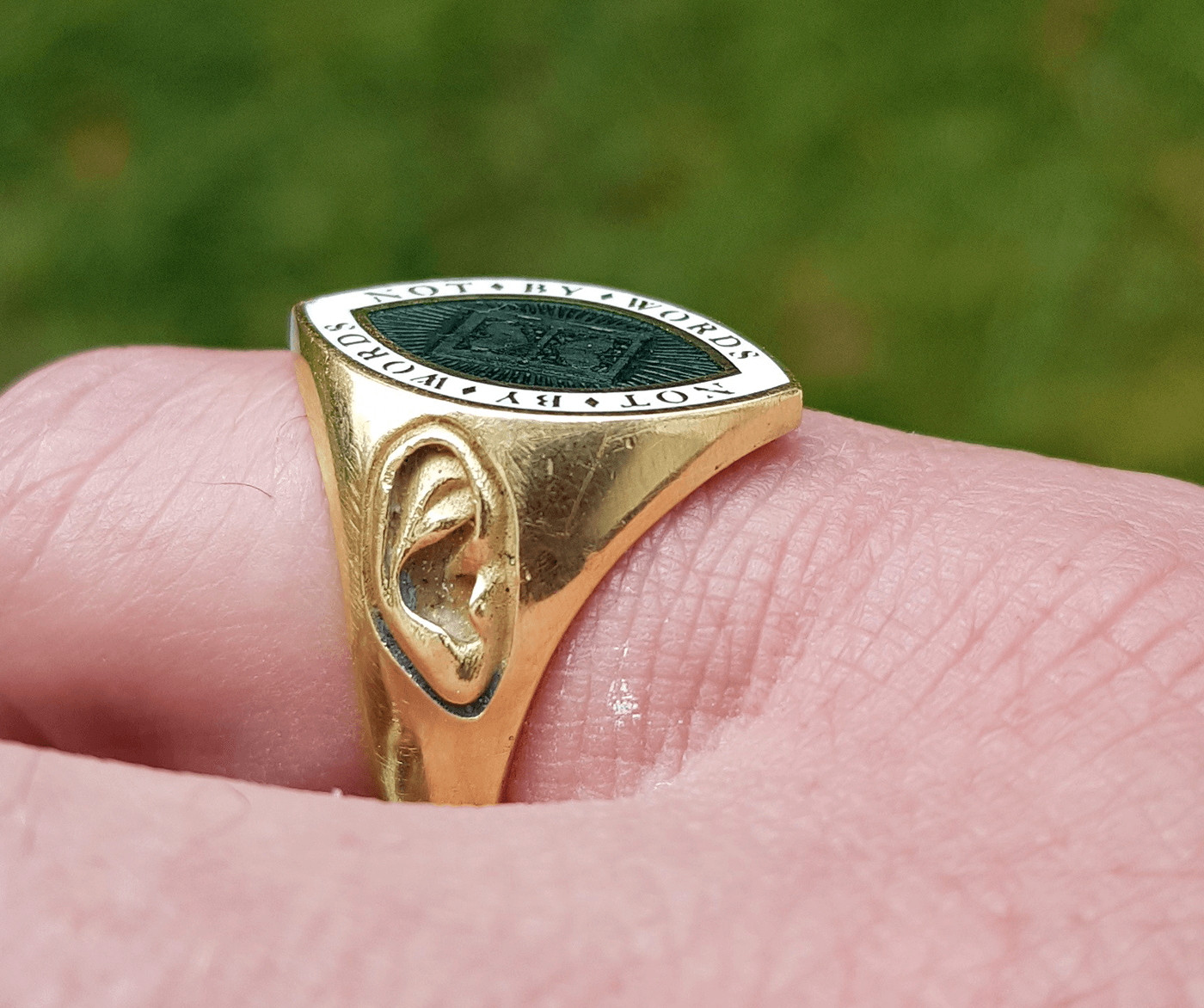 Bespoke Rebus hand engraved memento mori signet ring in 18ct yellow gold and enamel