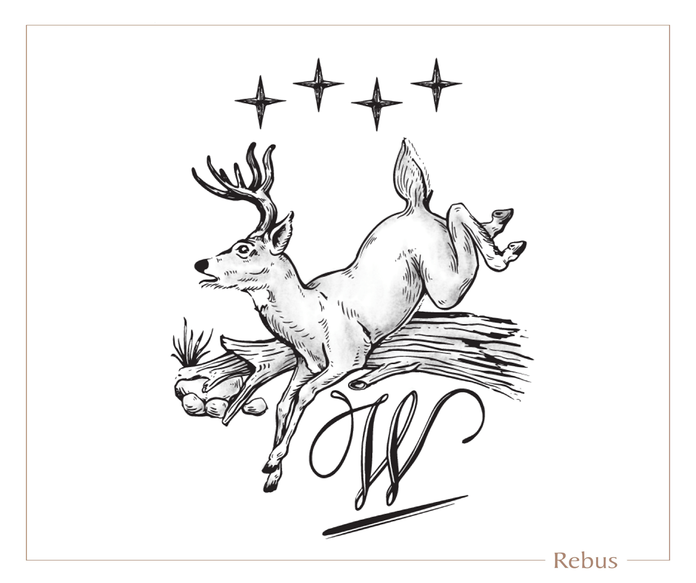 A Rebus illustration of a stag, four stars, and the client's surname initial in script