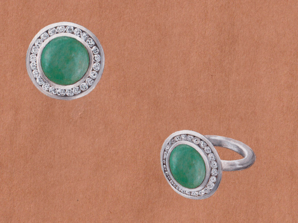Platinum and diamond ring with unicorn engraved into jadeite