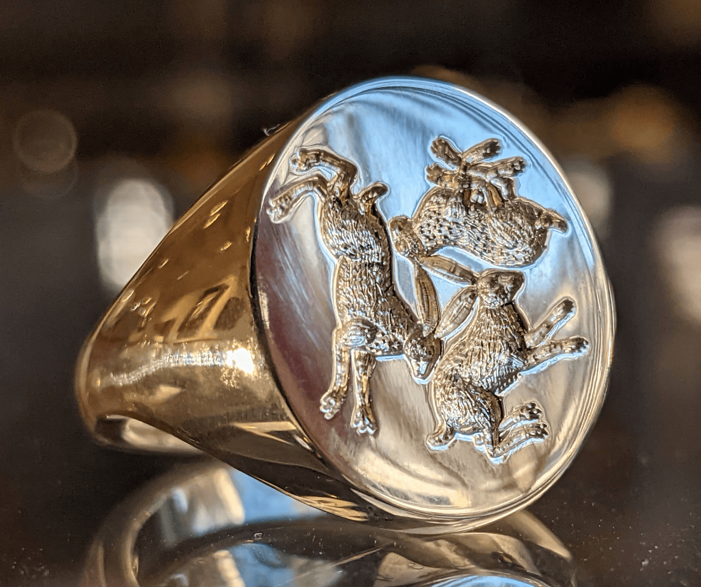 Personalised gold Rebus Signet Ring with hand engraved rabbit design for the Lunar New Year
